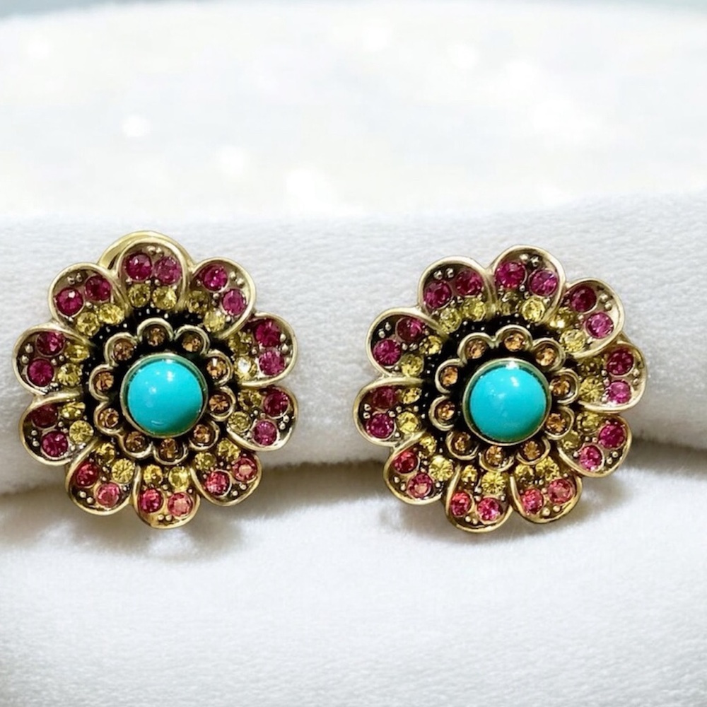 Heidi Daus Floral Gold, Pink and Turquoise Earrings. NWOT